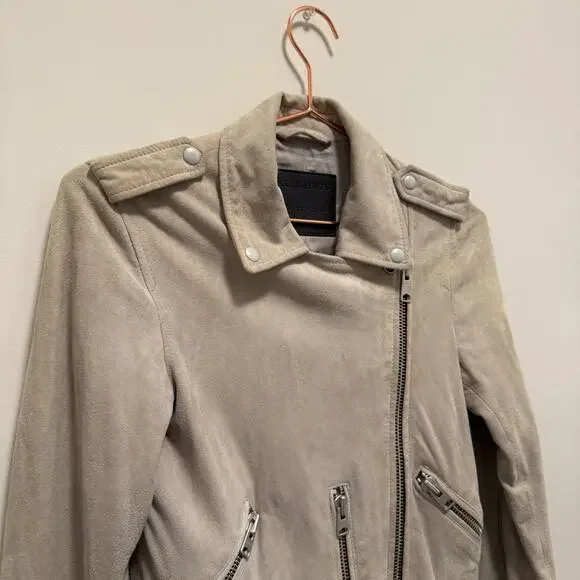 Allsaints Womens Suede Balfern Biker Jacket 2 Warm Taupe Quiet Luxury Western - Picture 3 of 11